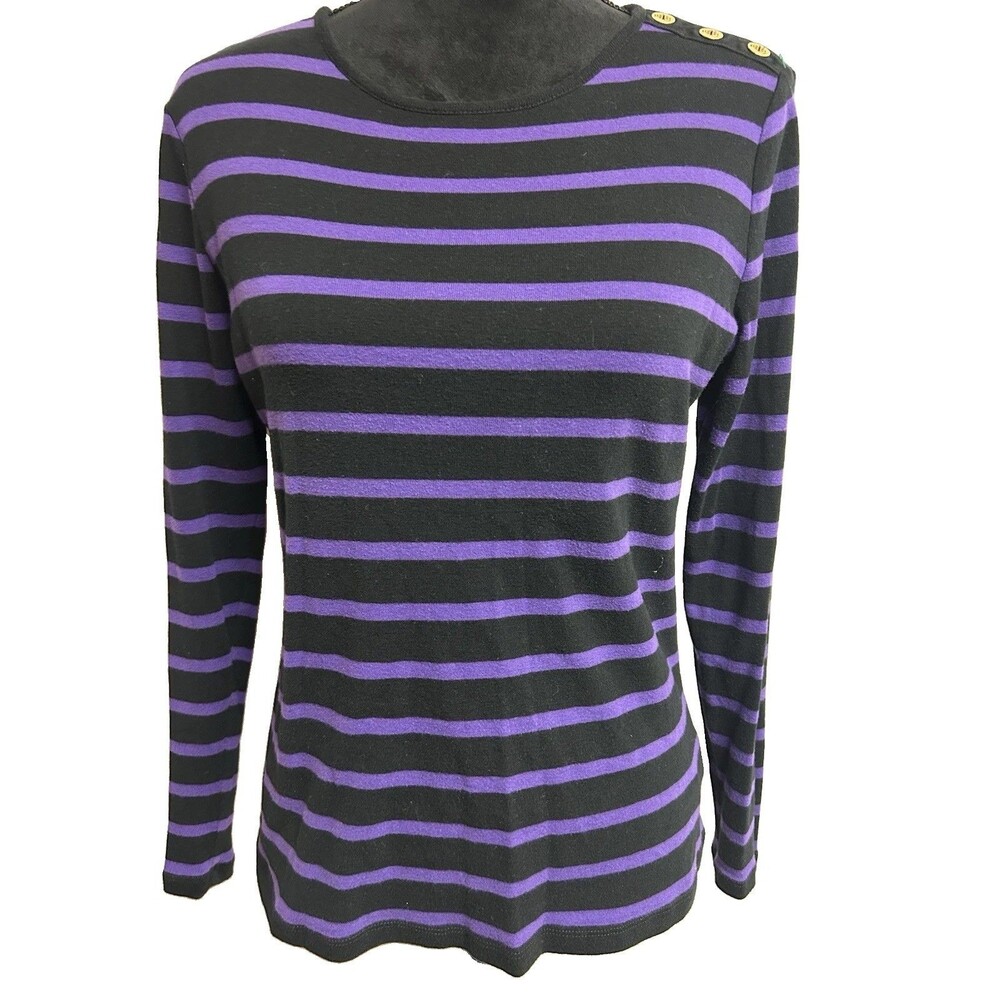 Ralph Lauren Womens L Top Black Purple Striped Pullover Long Sleeve 100% Cotton